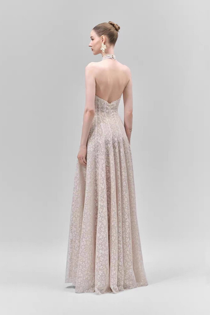 Celeste Beaded Halter Neck Floral Lace A-Line Maxi Dress Avalabel