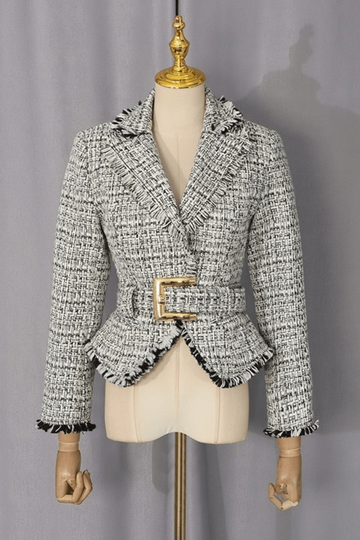 Ivana Tweed Fringe Belted Peplum Jacket Avalabel