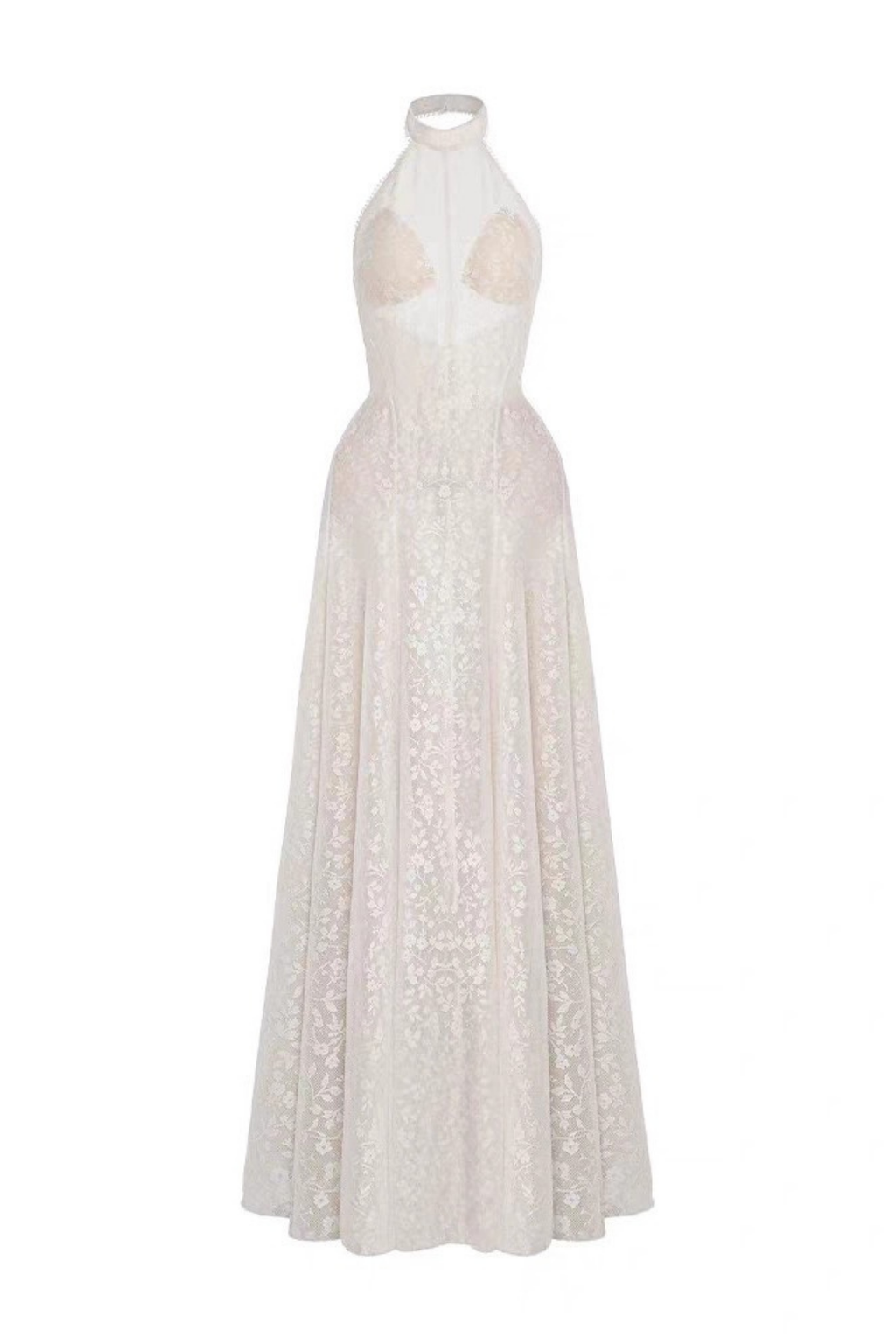 Celeste Beaded Halter Neck Floral Lace A-Line Maxi Dress Avalabel