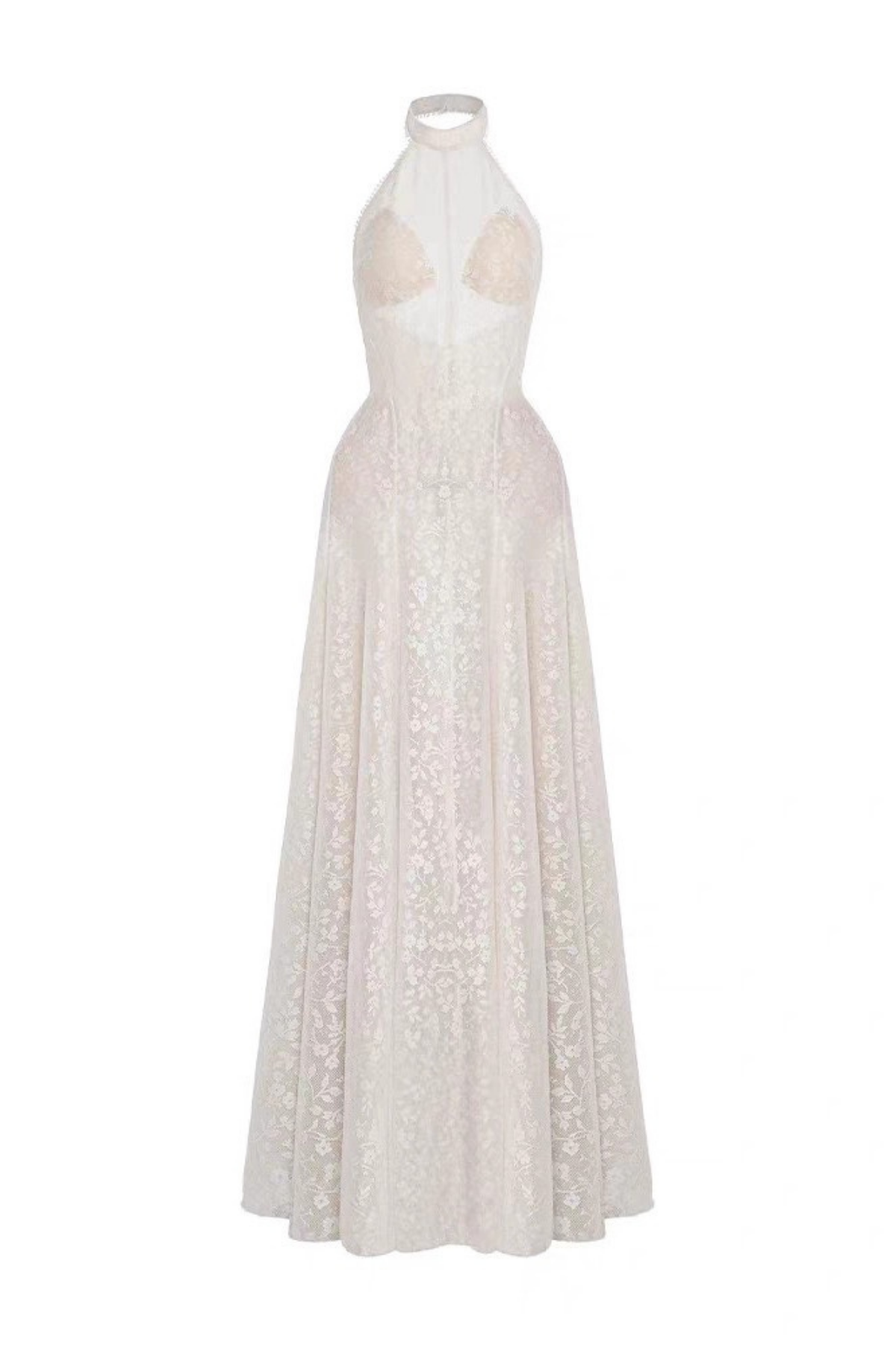 Celeste Beaded Halter Neck Floral Lace A-Line Maxi Dress Avalabel