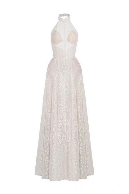 Celeste Beaded Halter Neck Floral Lace A-Line Maxi Dress Avalabel