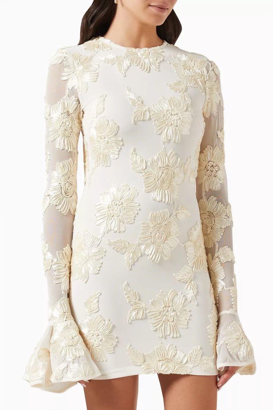 Floral-Embroidered Mesh Mini Dress In Ivory Soraya