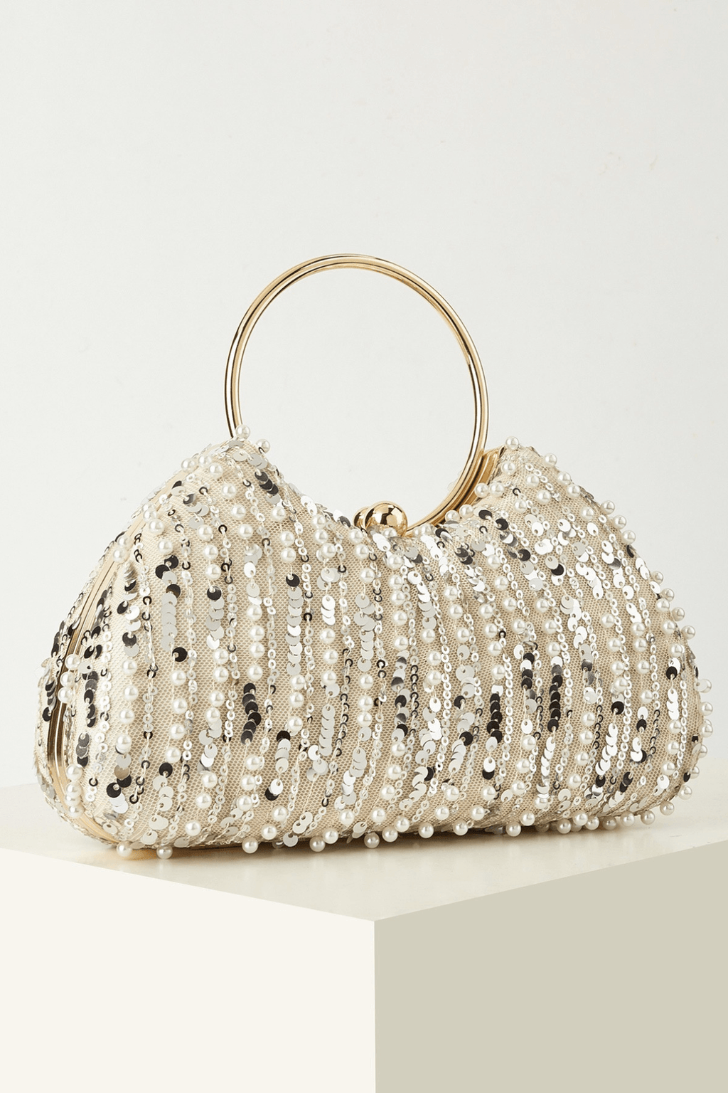 Champagne Pearl Sequin Ring Handle Formal Clutch Avalabel