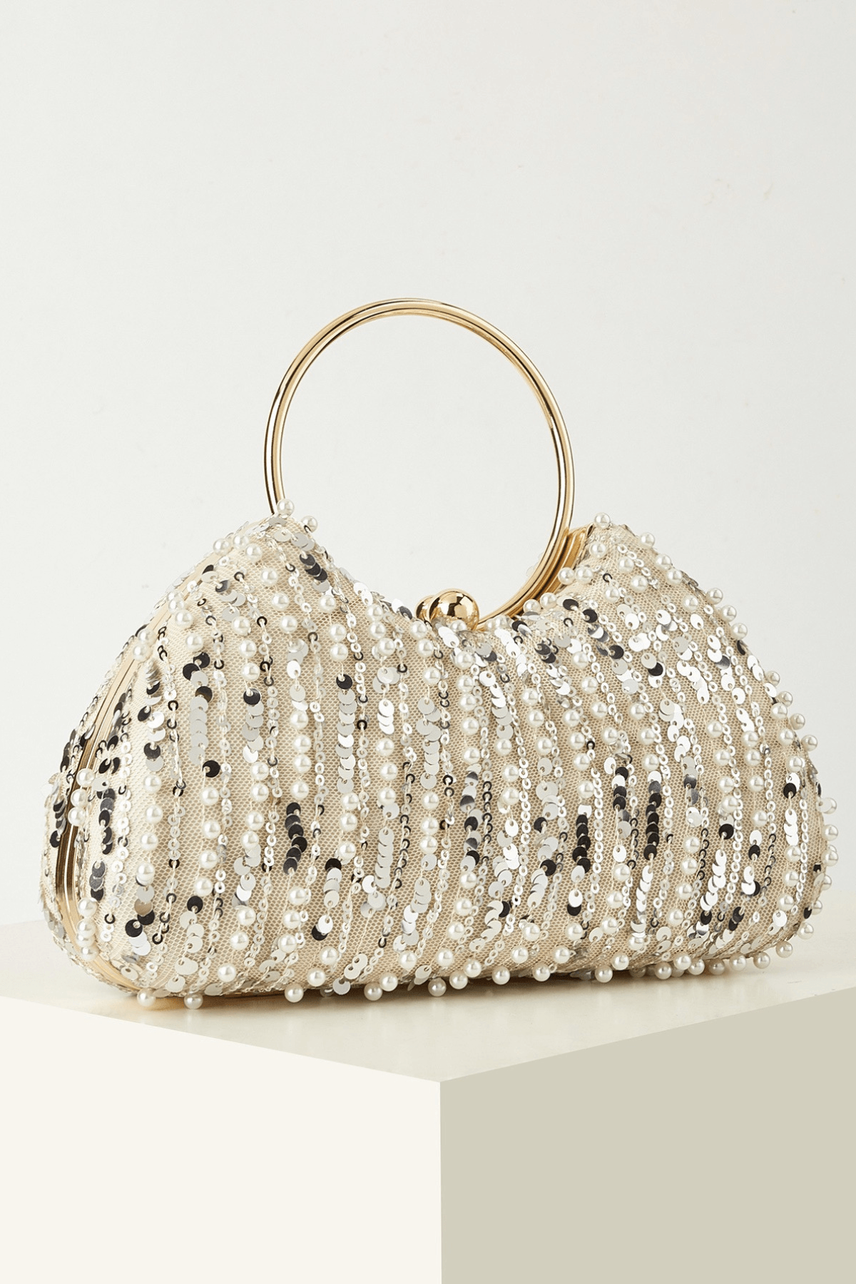 Champagne Pearl Sequin Ring Handle Formal Clutch Avalabel