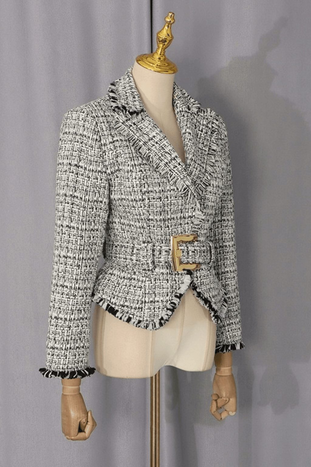 Ivana Tweed Fringe Belted Peplum Jacket Avalabel