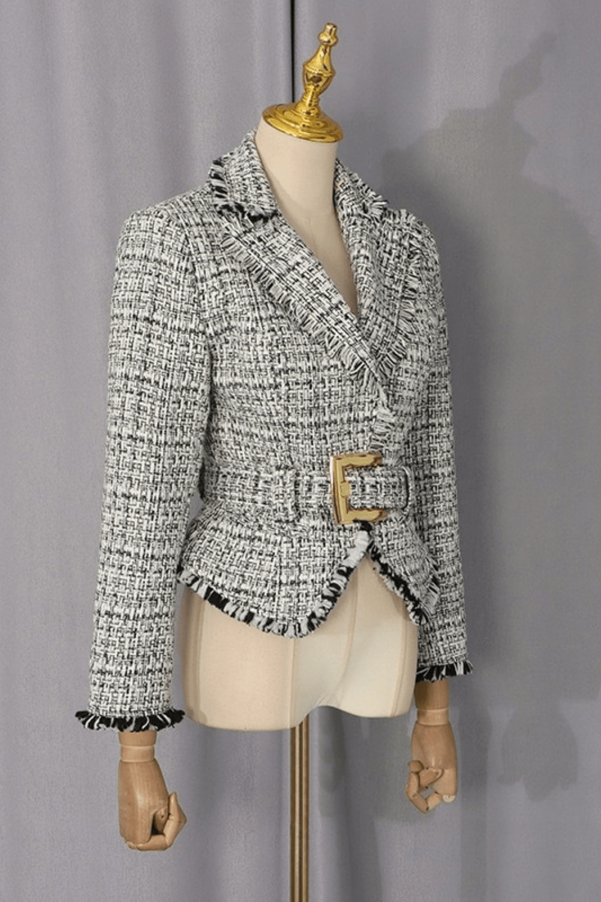 Ivana Tweed Fringe Belted Peplum Jacket Avalabel