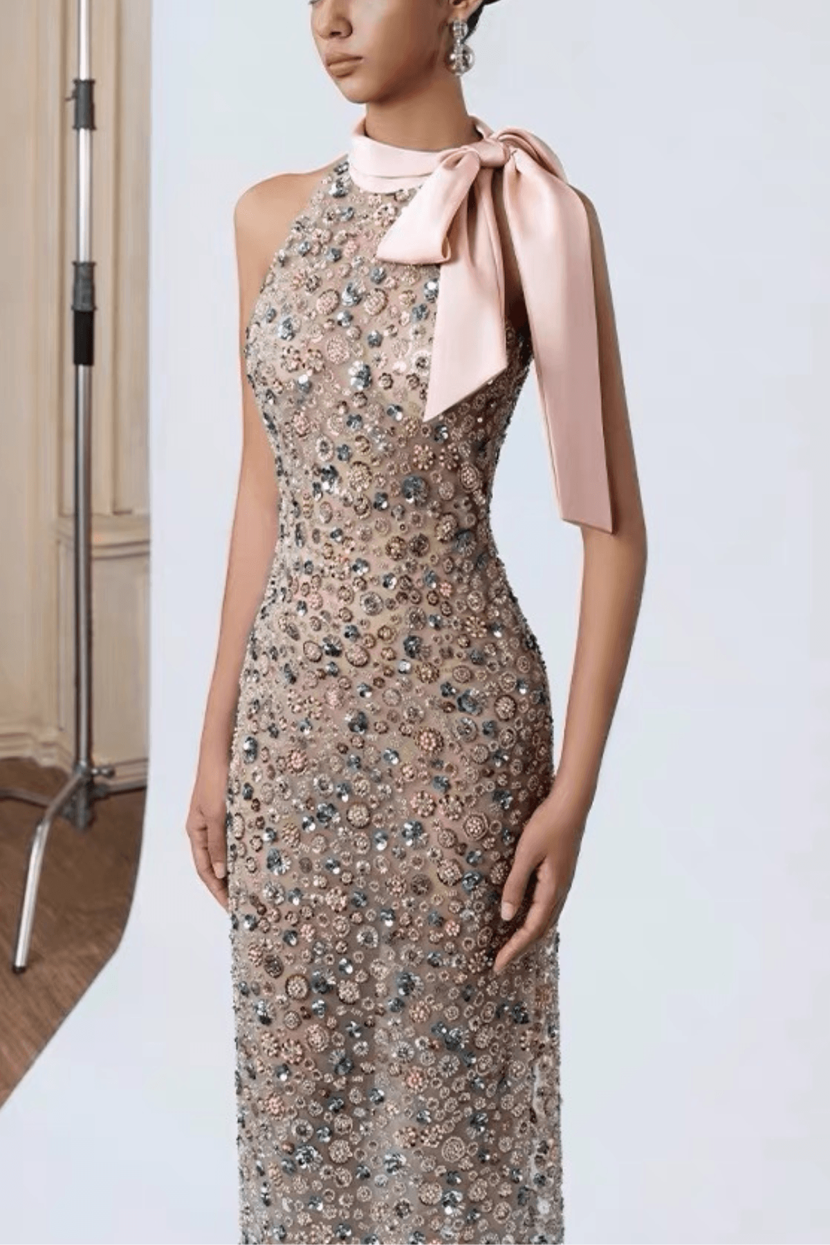 Cherry Halter Bow Beaded Midi Formal Dress Avalabel