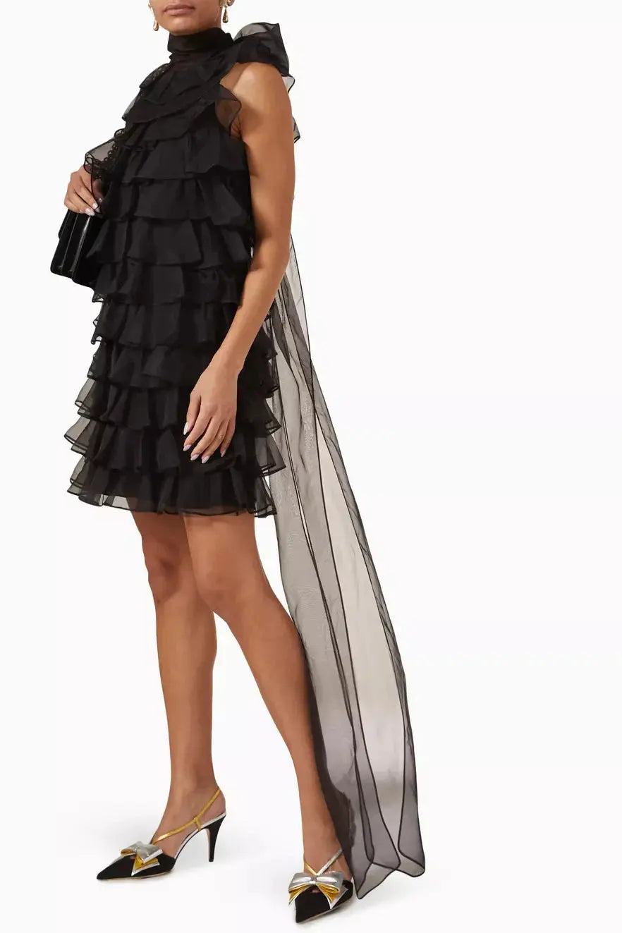 poppy Ruffle Silk Organza sleeveless Mini Dress in black Avalabel
