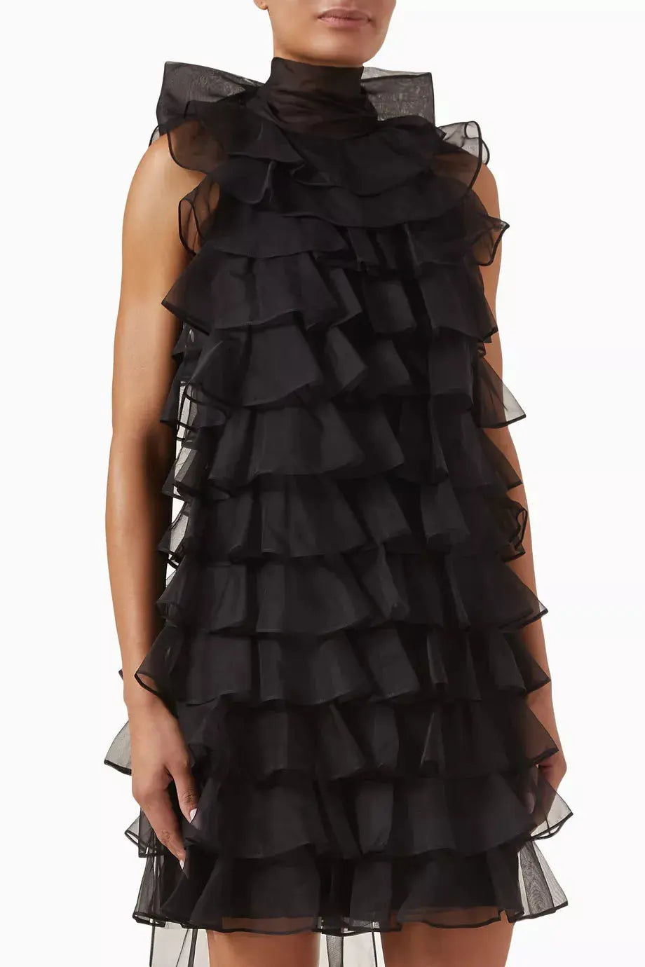 poppy Ruffle Silk Organza sleeveless Mini Dress in black Avalabel
