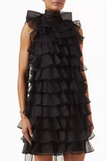 poppy Ruffle Silk Organza sleeveless Mini Dress in black Avalabel