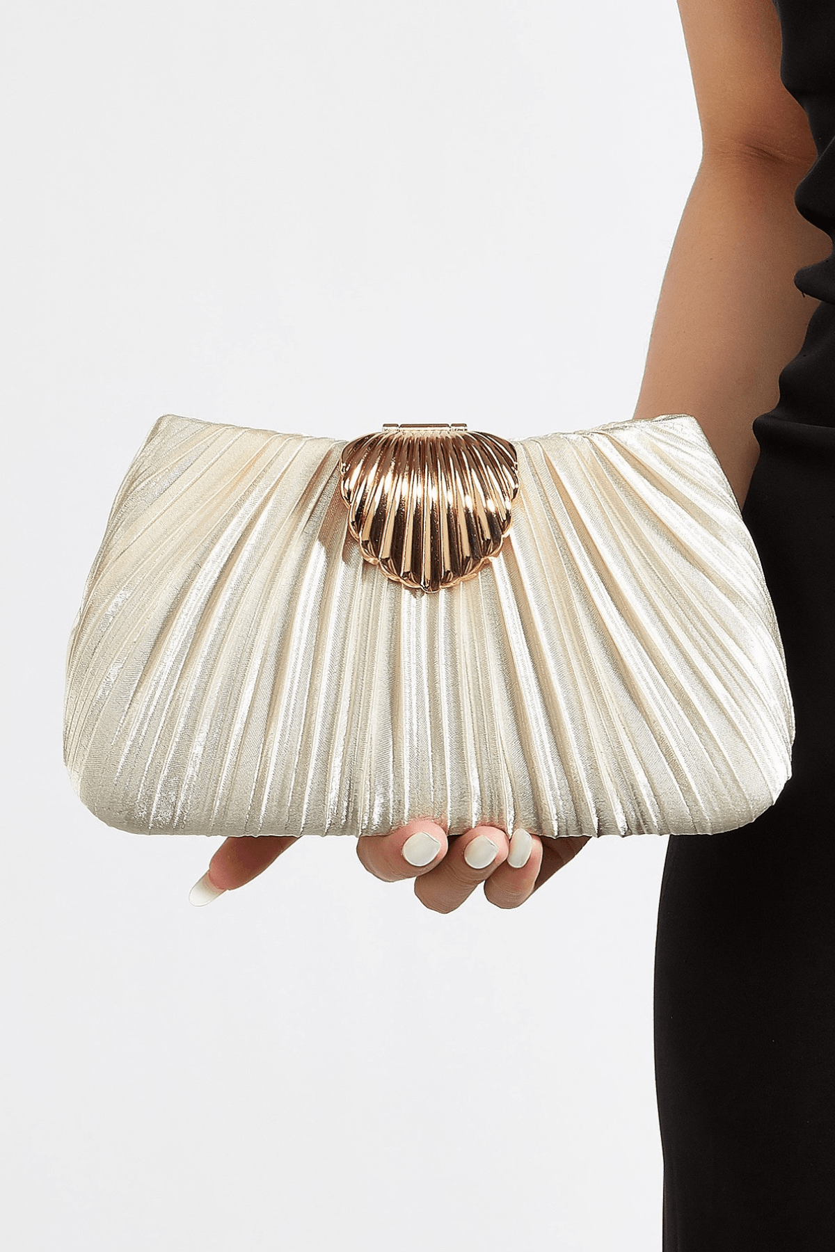 Ivory Pleated Satin Shell Clasp Formal Clutch Avalabel