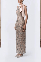 Cherry Halter Bow Beaded Midi Formal Dress Avalabel