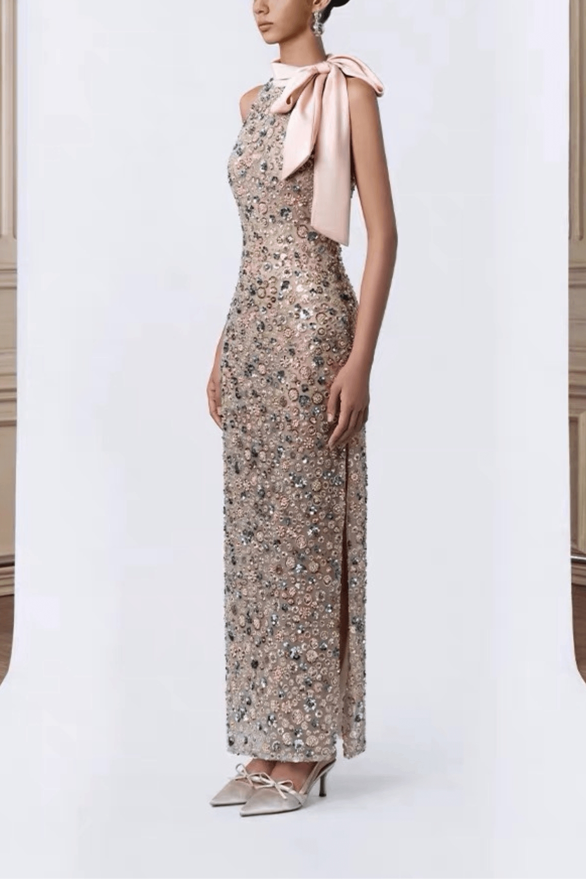 Cherry Halter Bow Beaded Midi Formal Dress Avalabel