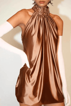 Lucy Gold Rhinestone Halter Backless Mini Dress Avalabel
