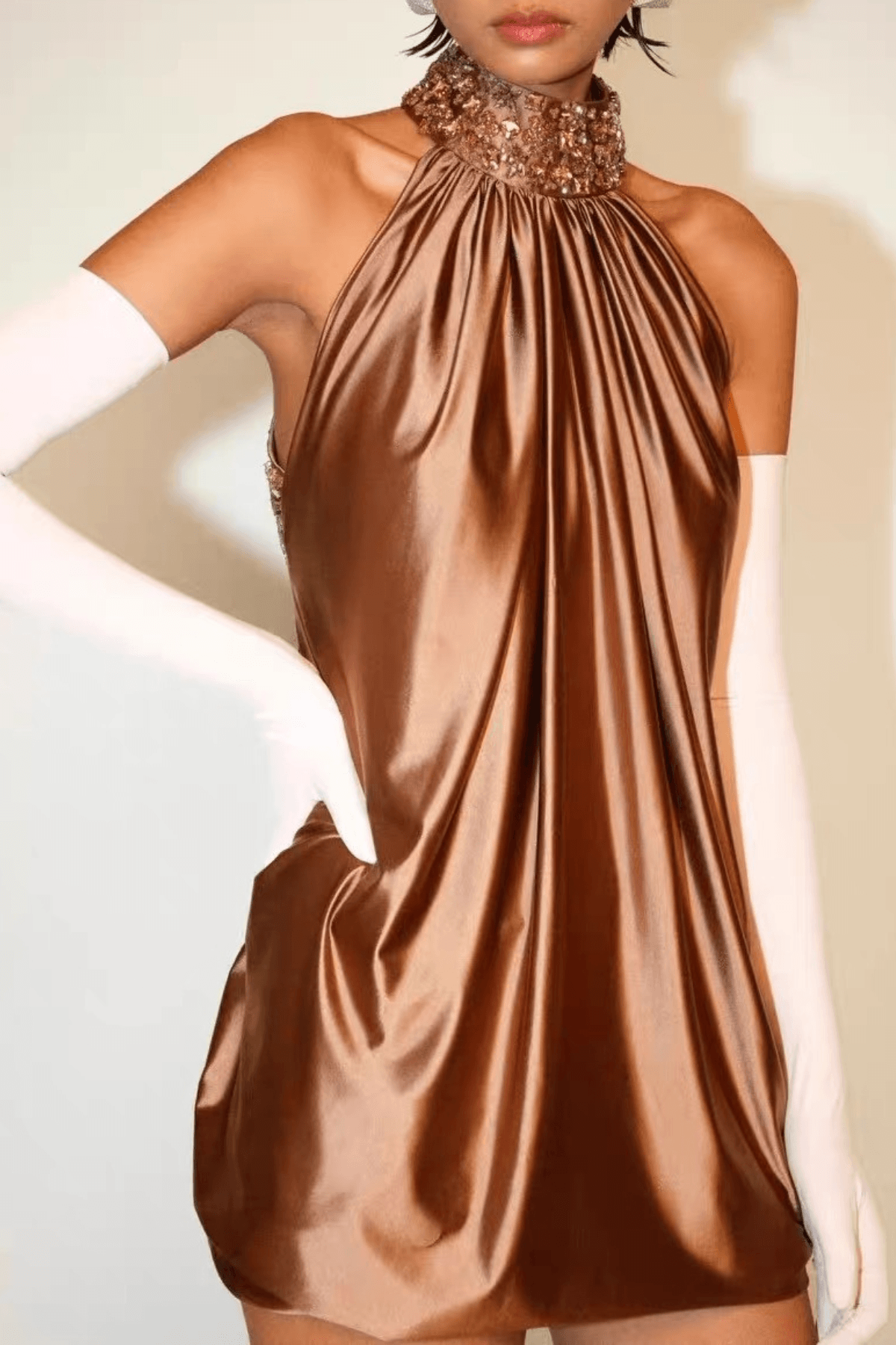 Lucy Gold Rhinestone Halter Backless Mini Dress Avalabel