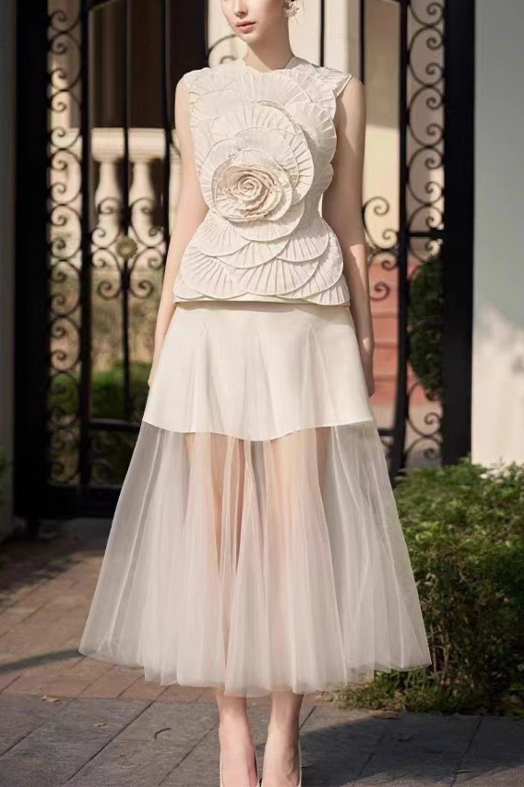 3D Rose Sleeveless Peplum Top Two Layer Tulle Midi Skirt Matching Set Avalabel