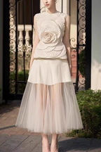 3D Rose Sleeveless Peplum Top Two Layer Tulle Midi Skirt Matching Set Avalabel