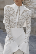 Dara White Lace Flare Cuff Collared Blouse Avalabel