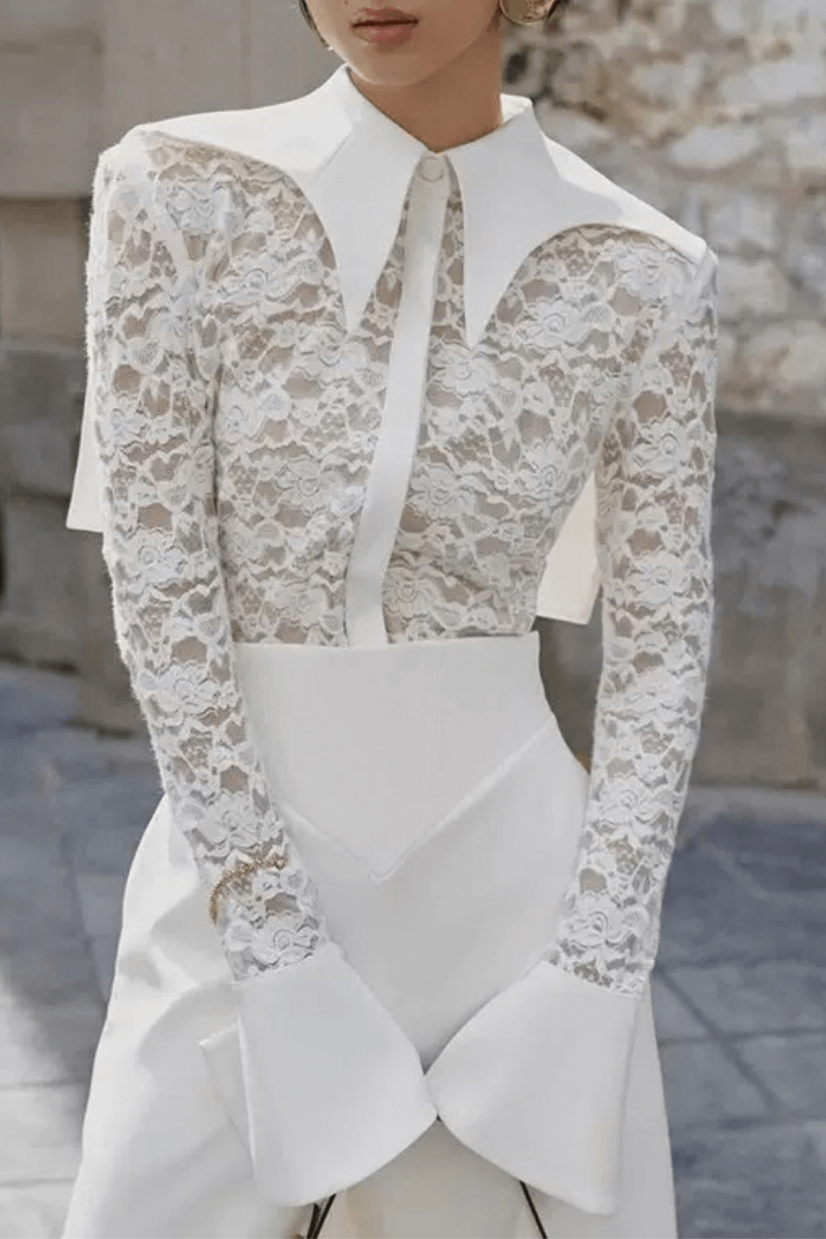 Dara White Lace Flare Cuff Collared Blouse Avalabel