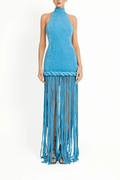 Aura Blue Halter Sleeveless Fringe Maxi Dress Avalabel