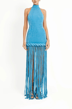 Aura Blue Halter Sleeveless Fringe Maxi Dress Avalabel