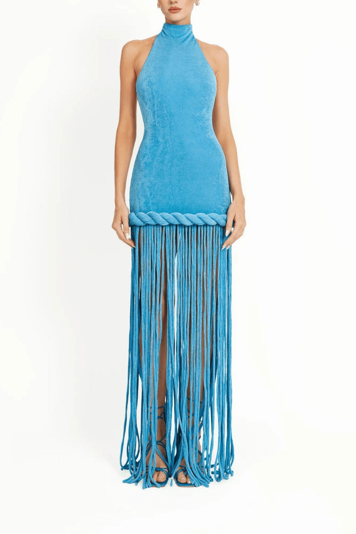 Aura Blue Halter Sleeveless Fringe Maxi Dress Avalabel