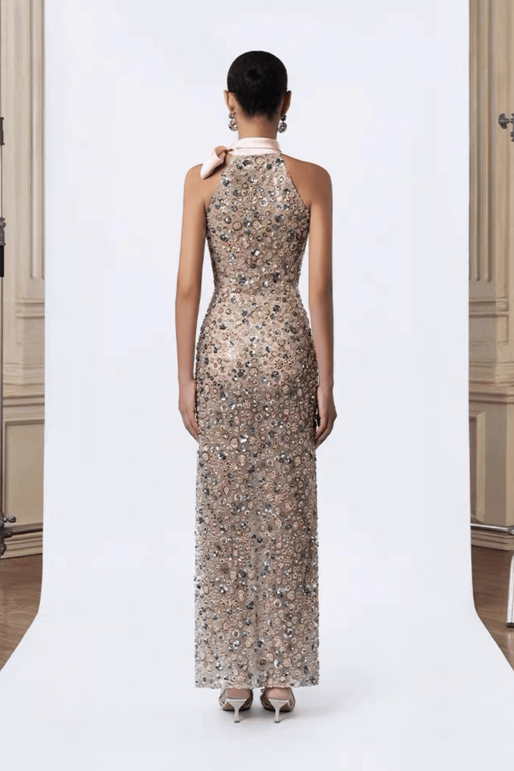 Cherry Halter Bow Beaded Midi Formal Dress Avalabel
