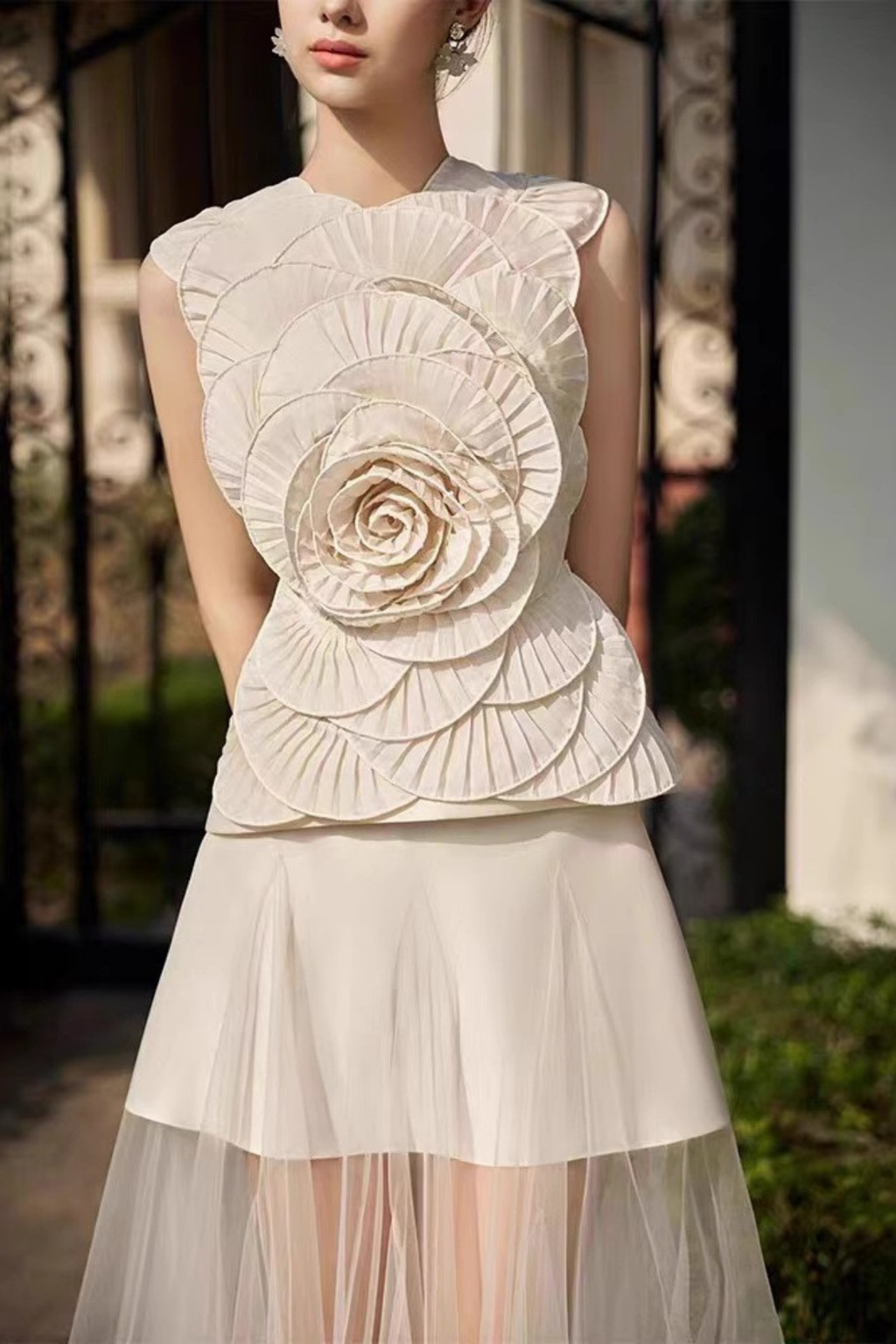 3D Rose Sleeveless Peplum Top Two Layer Tulle Midi Skirt Matching Set Avalabel