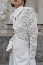 Dara White Lace Flare Cuff Collared Blouse Avalabel