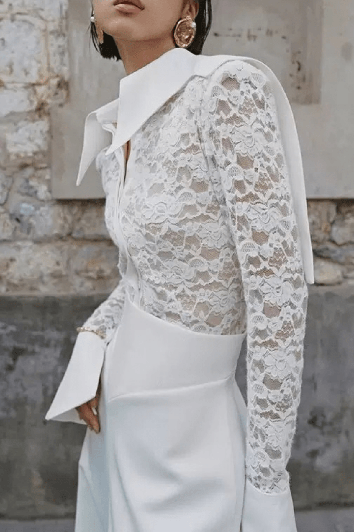 Dara White Lace Flare Cuff Collared Blouse Avalabel