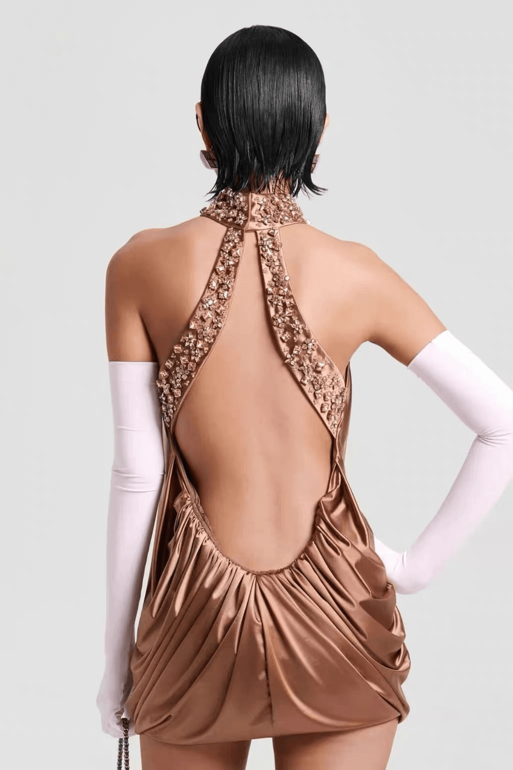 Lucy Gold Rhinestone Halter Backless Mini Dress Avalabel