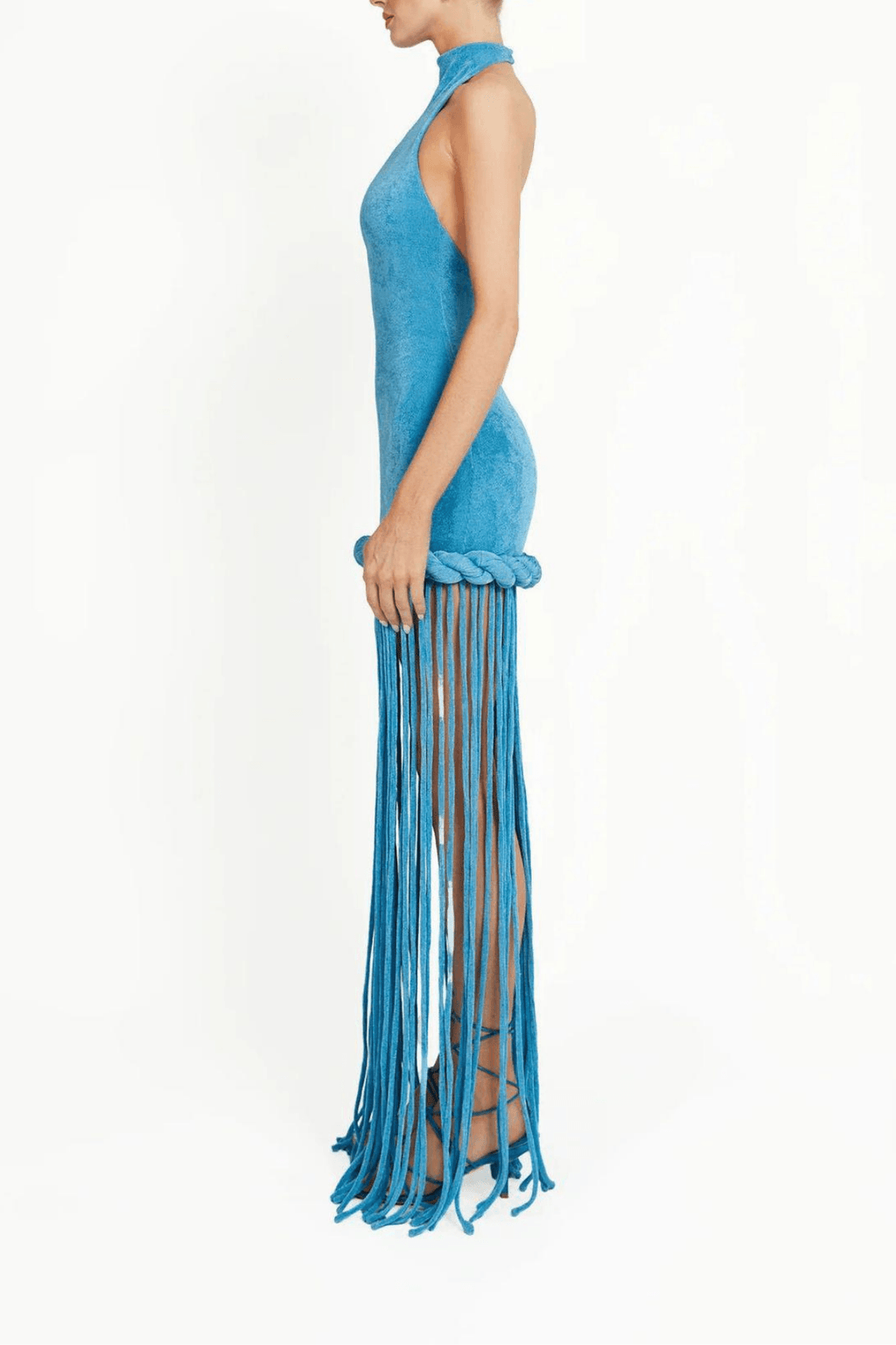 Aura Blue Halter Sleeveless Fringe Maxi Dress Avalabel