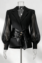 Delia Black Sheer Puff Sleeve Belted Top Avalabel
