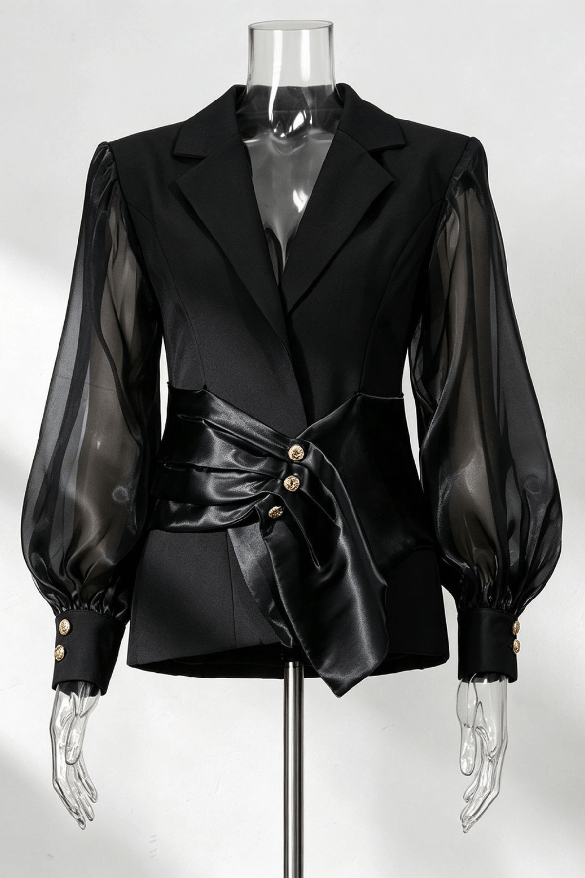 Delia Black Sheer Puff Sleeve Belted Top Avalabel