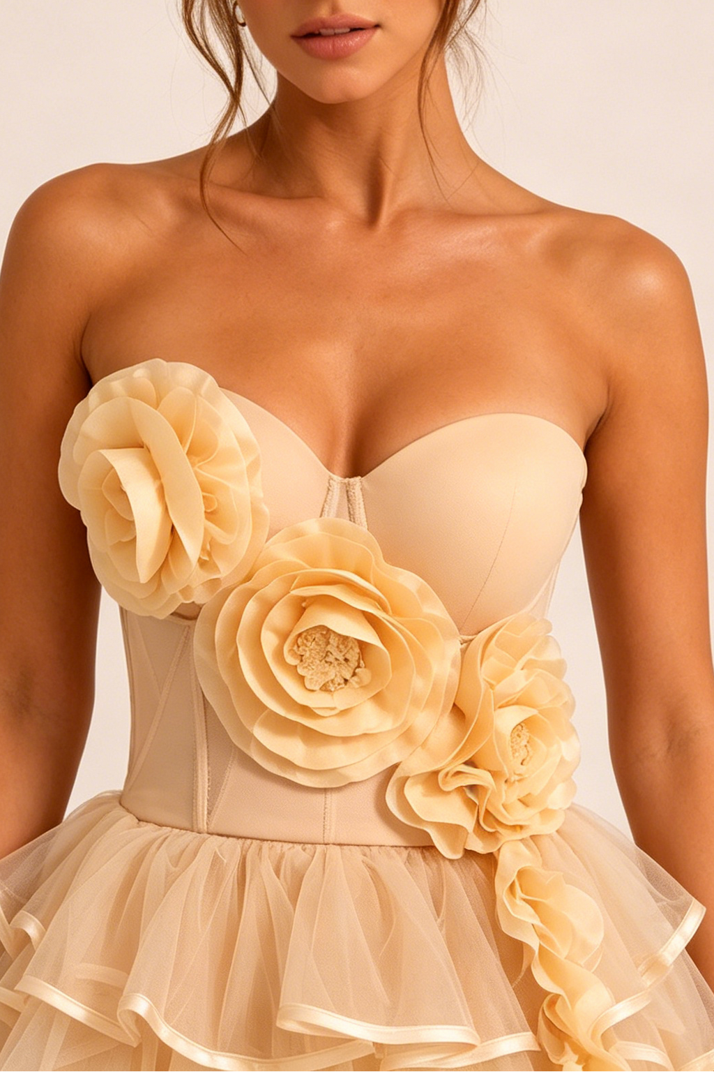 Champagne Strapless 3D Floral Corset Top & High Low Ruffle Tulle Skirt Set Avalabel