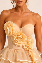 Champagne Strapless 3D Floral Corset Top & High Low Ruffle Tulle Skirt Set Avalabel
