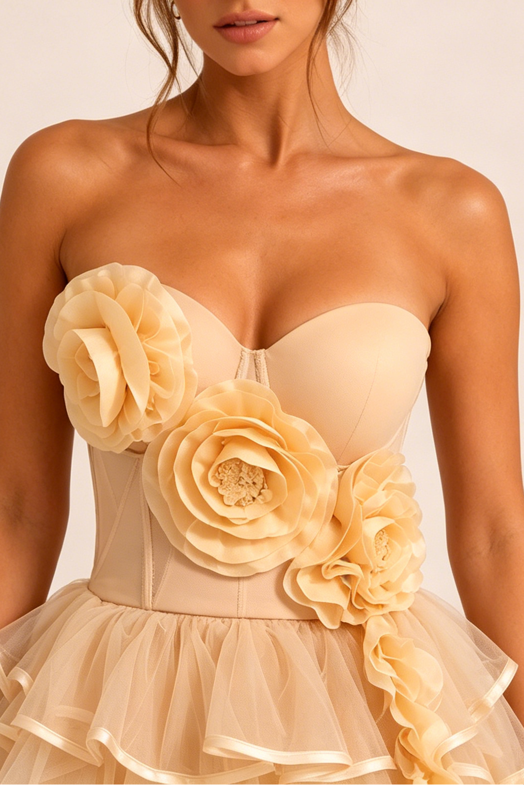 Champagne Strapless 3D Floral Corset Top & High Low Ruffle Tulle Skirt Set Avalabel