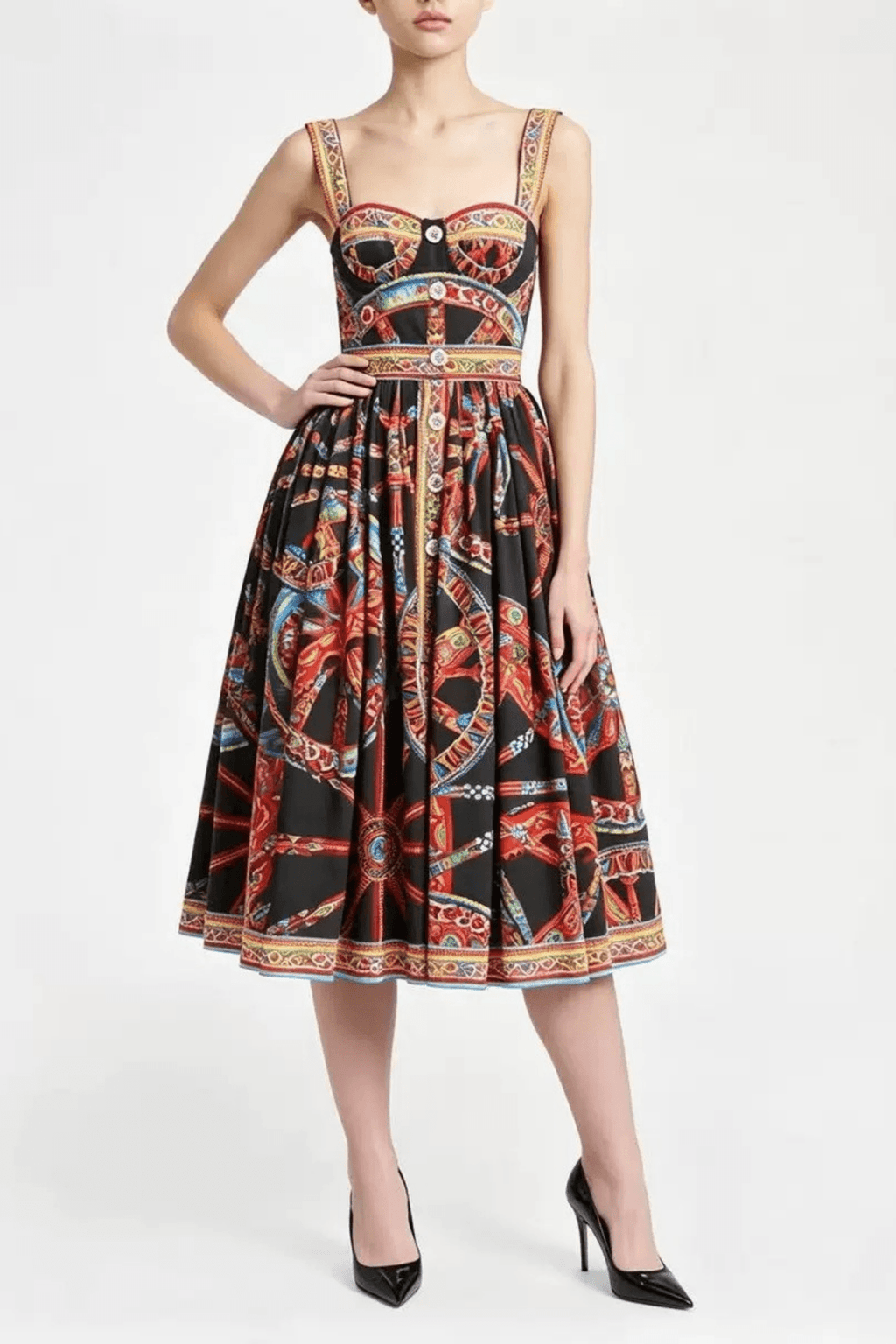 Sicilian Cart Print Wide Strap Button Front Dress Avalabel