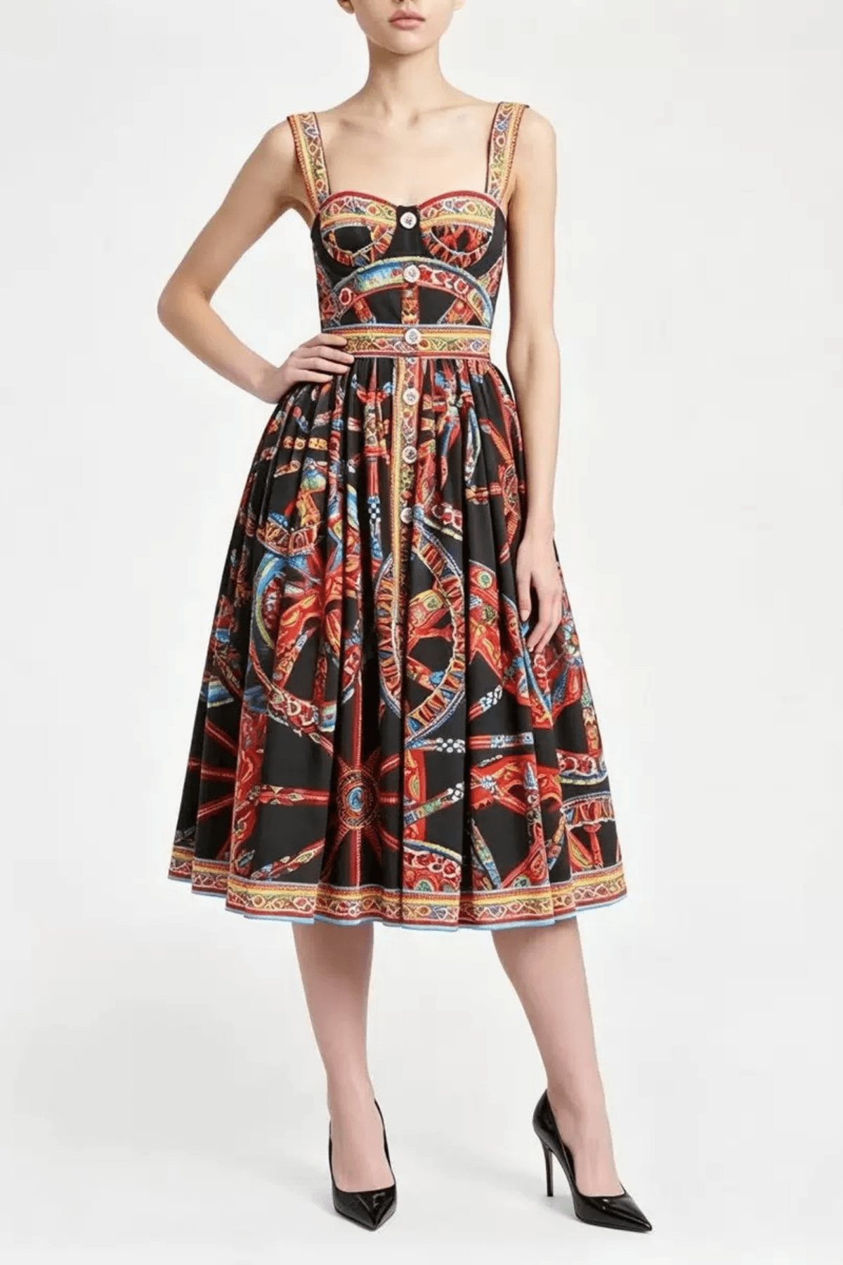 Sicilian Cart Print Wide Strap Button Front Dress Avalabel