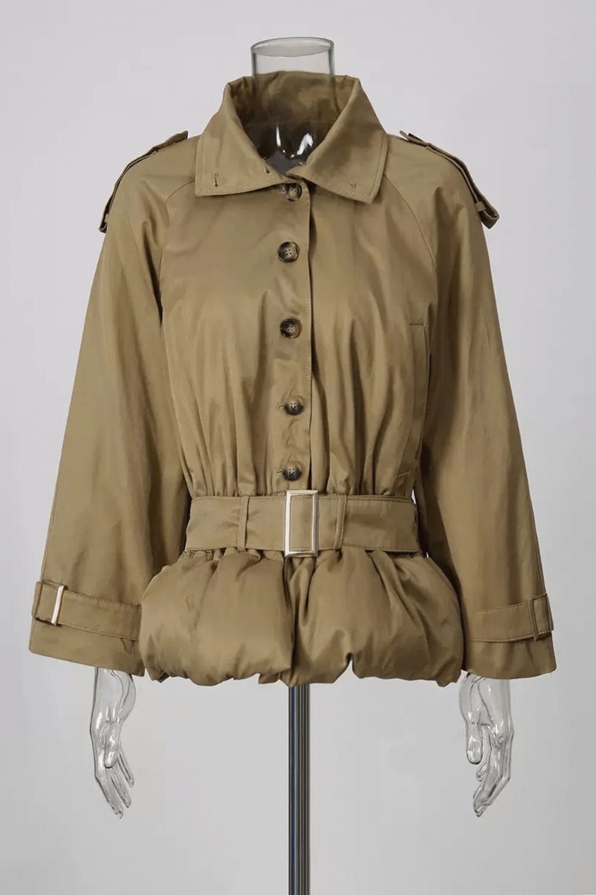 Brett Khaki High Collar Belted Peplum Jacket Avalabel