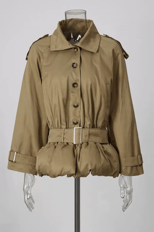 Brett Khaki High Collar Belted Peplum Jacket Avalabel
