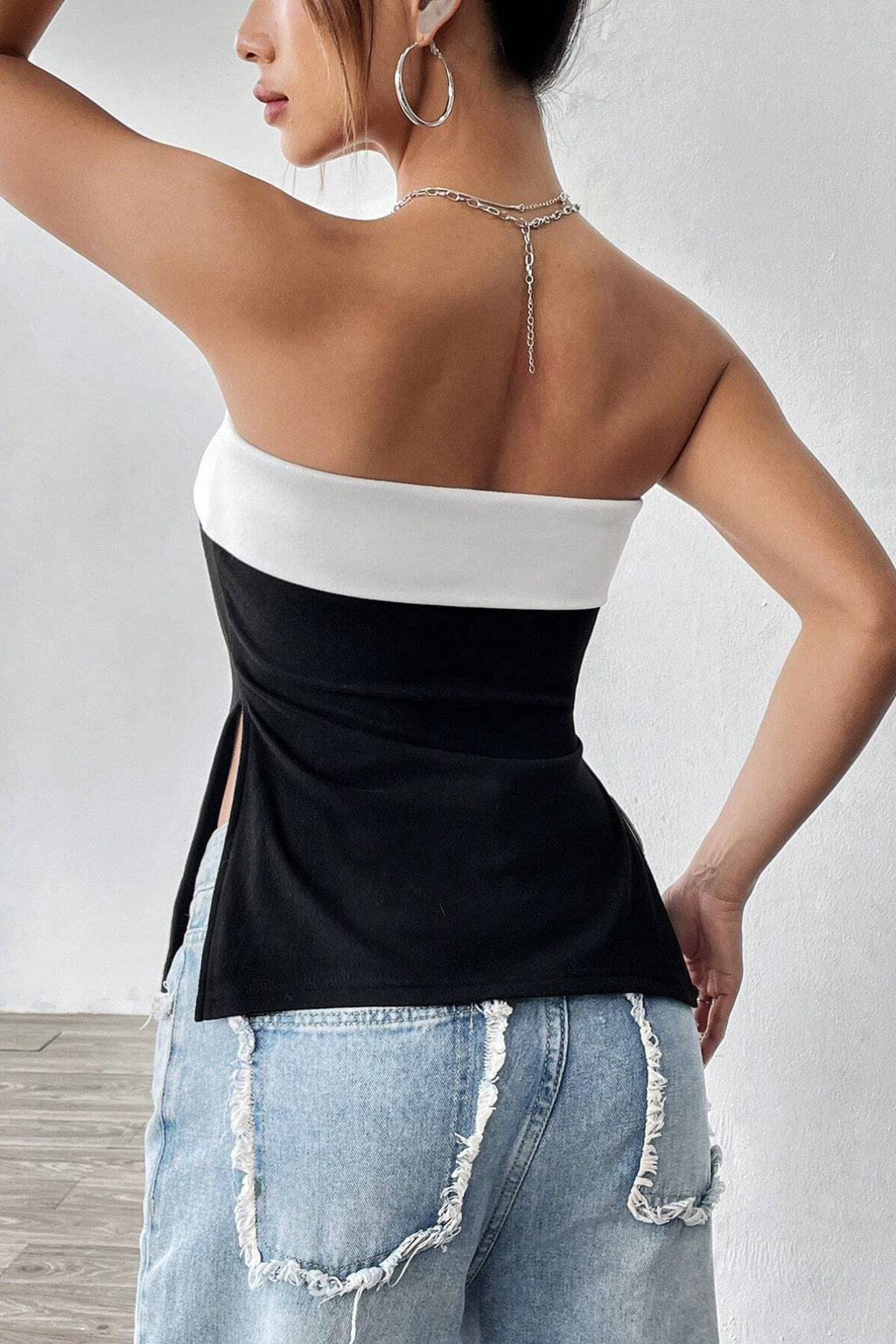 Tessa Black White Color Block Slim Fit Asymmetrical Hem Tube Top Avalabel