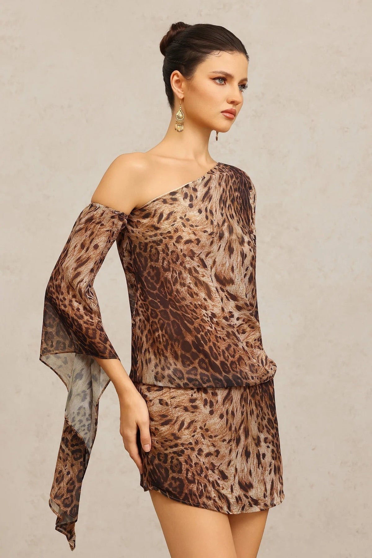 edwina Long Sleeves Leopard Print Mini Dress in brown Avalabel