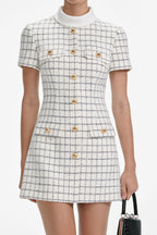 Decorative Buttons Check Mini Dress in White Avalabel