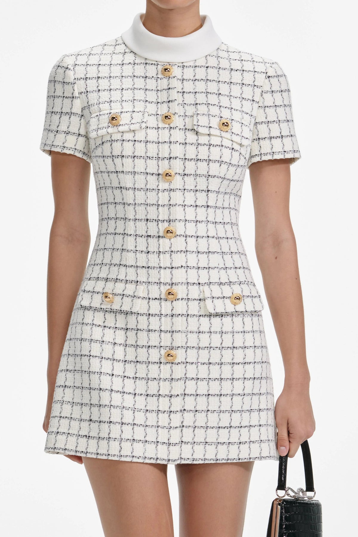 Decorative Buttons Check Mini Dress in White Avalabel