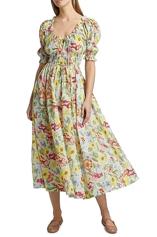 tobey Ischia Floral Smocked Midi Dress Avalabel