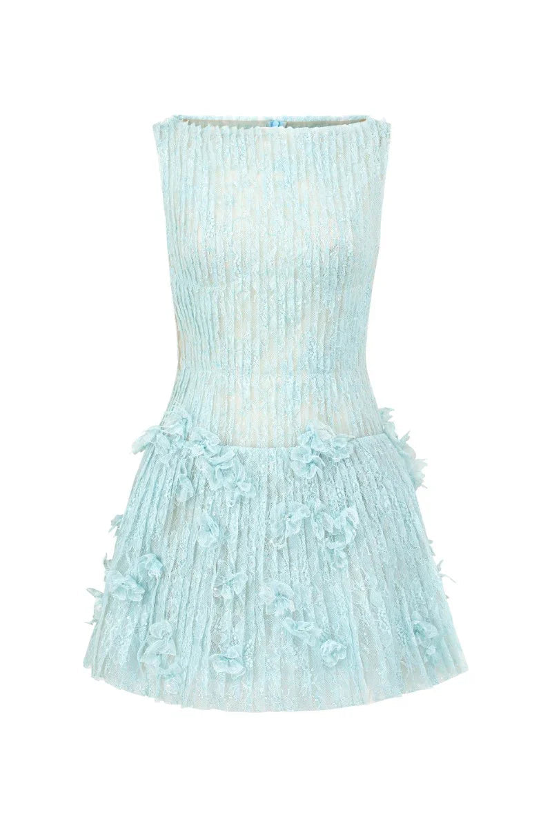 Sleeveless Lace Fabric Mini Dress in Aqua Avalabel