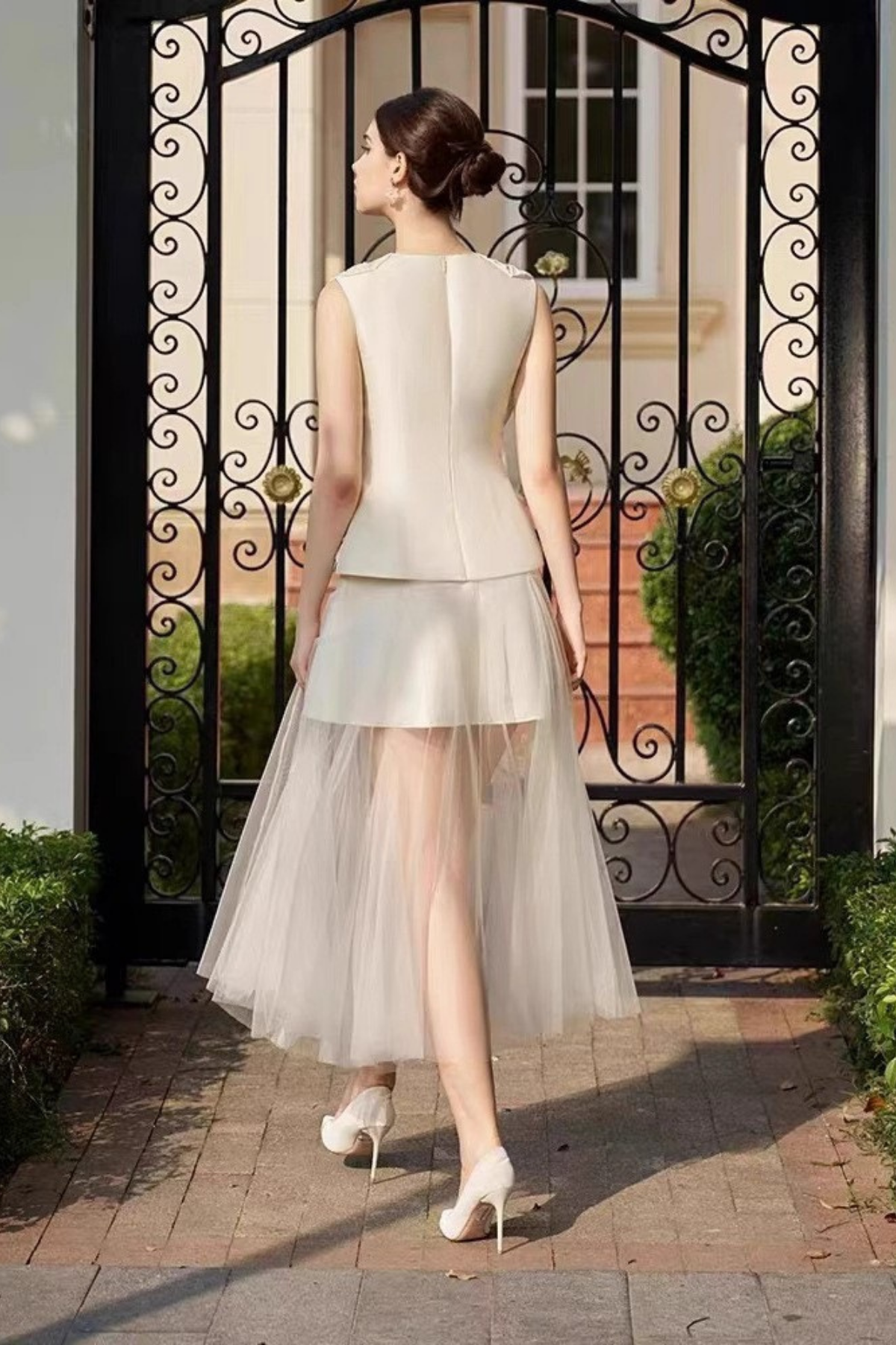 3D Rose Sleeveless Peplum Top Two Layer Tulle Midi Skirt Matching Set Avalabel