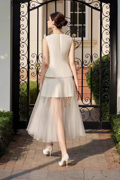 3D Rose Sleeveless Peplum Top Two Layer Tulle Midi Skirt Matching Set Avalabel