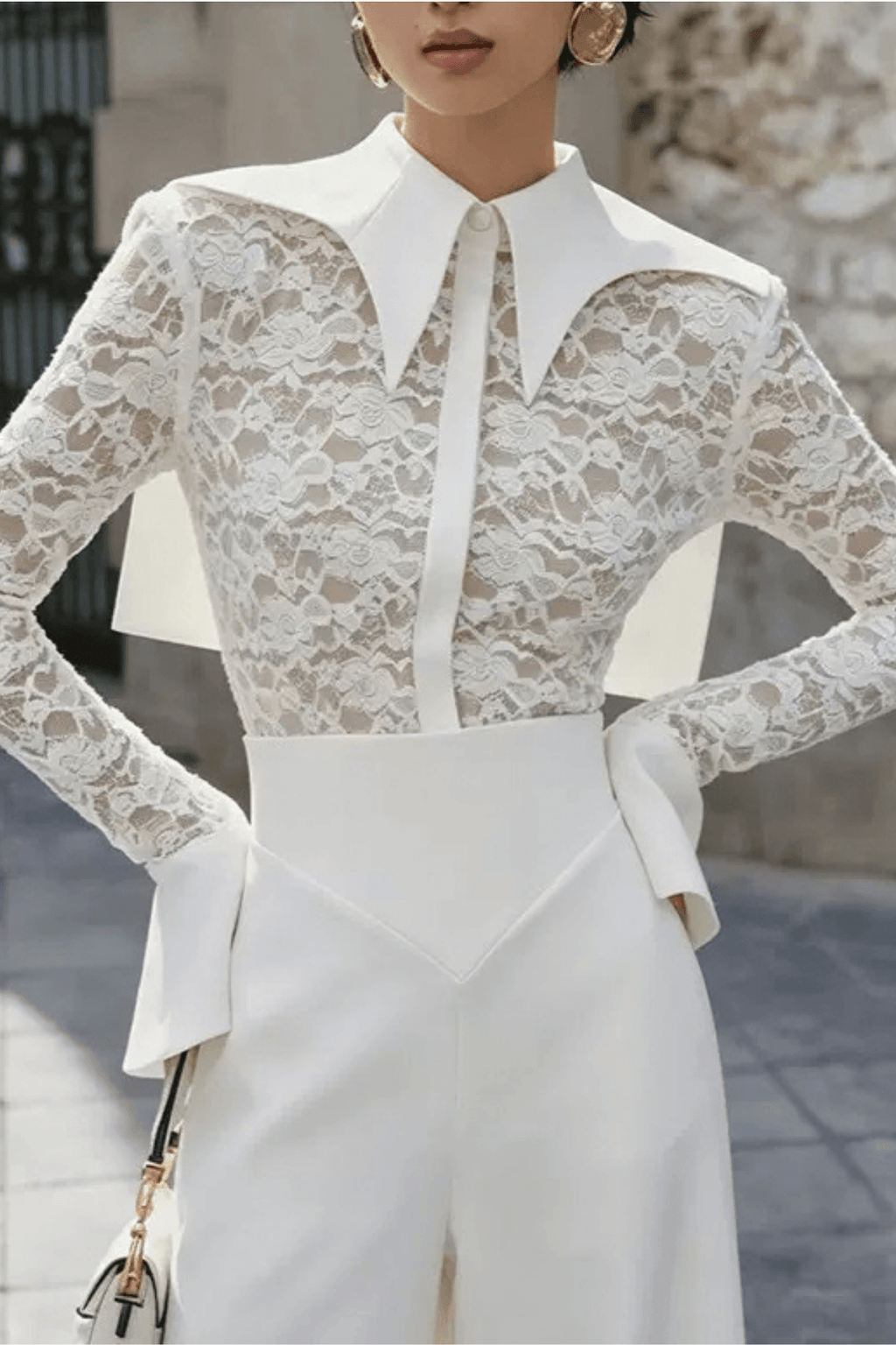 Dara White Lace Flare Cuff Collared Blouse Avalabel